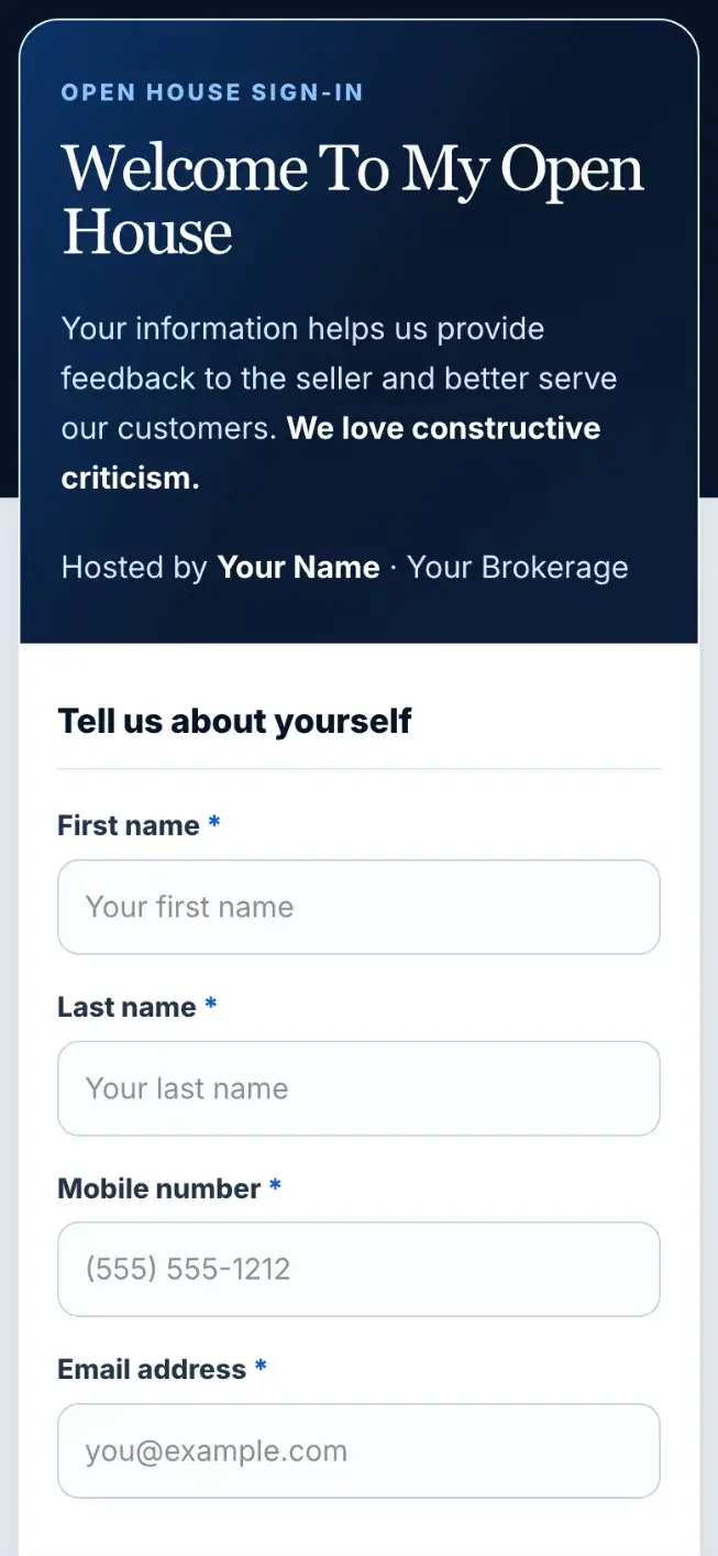 The open-house sign-in page a visitor sees after tapping the Welcome card