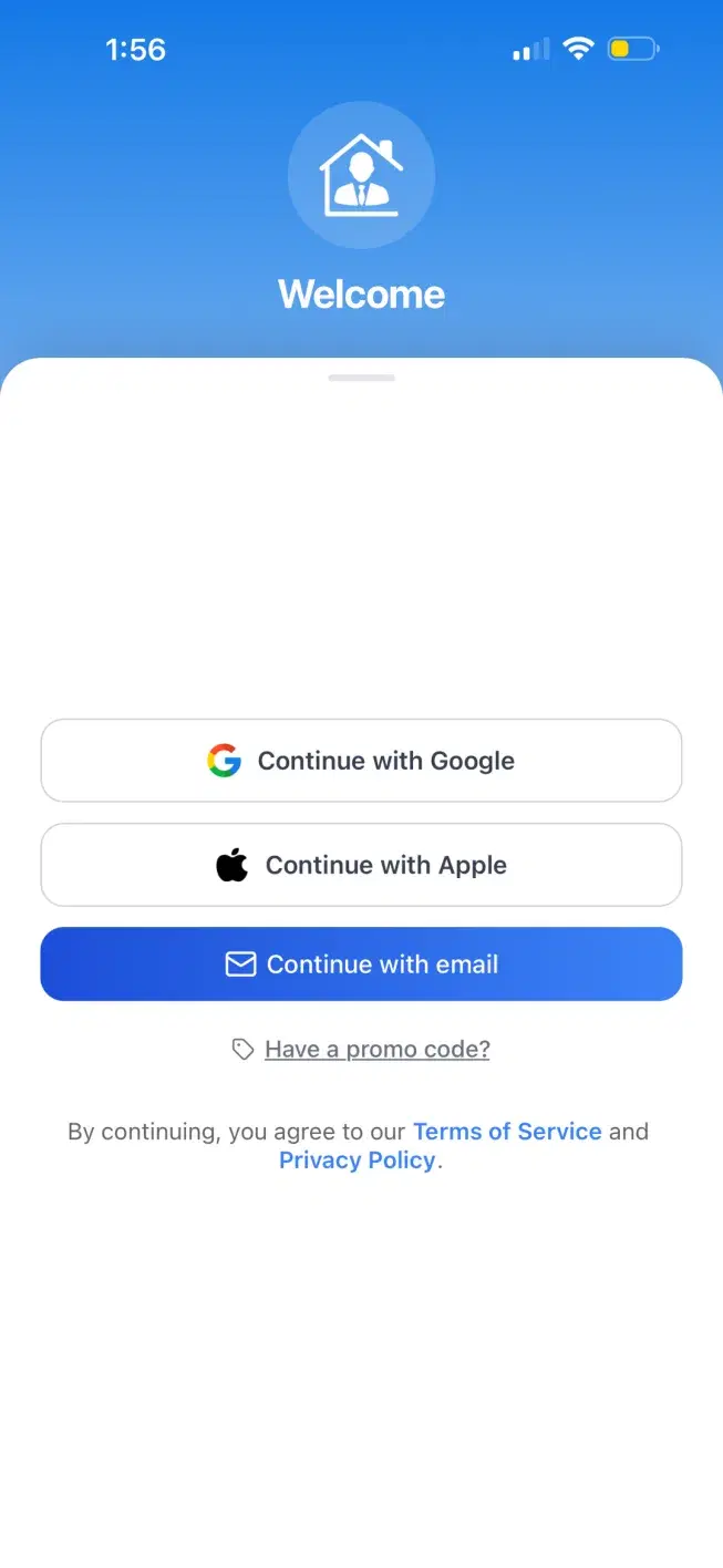 The My Virtual Boss sign-in screen with Continue with Google, Continue with Apple and Continue with email