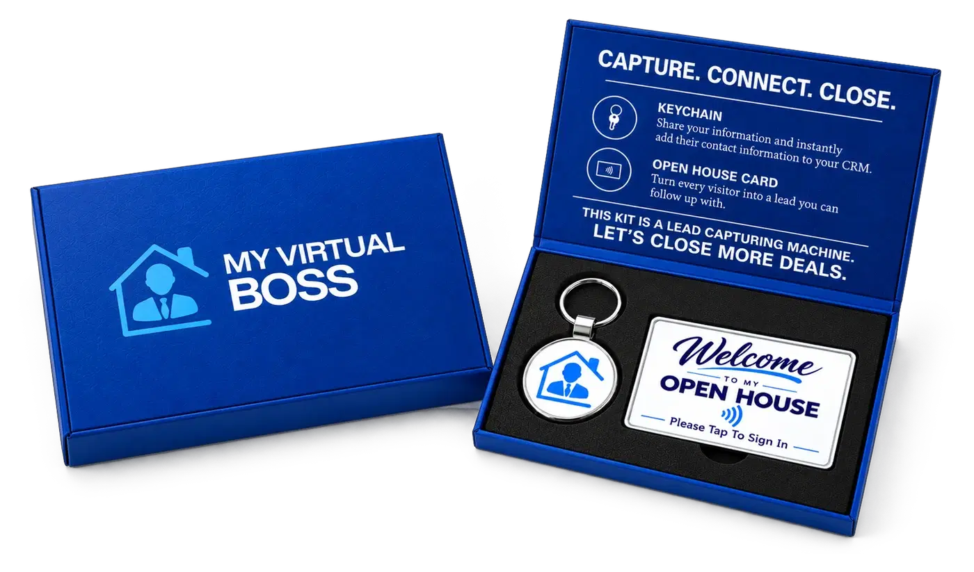 My Virtual Boss kit box, open, with the registration card and digital keychain in the tray